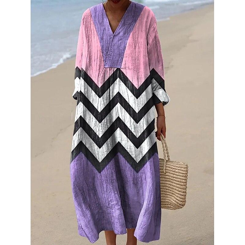 Women's Midi Dress V Neck Long Sleeve Kaftan Lightweight Loose Fit A Line Dress Casual Boho Party Going out Graphic Geometric Long Sleeve V Neck Yellow Purple Orange Fall