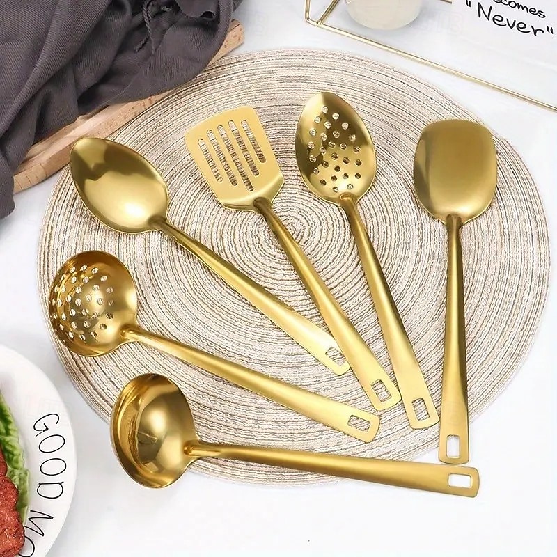 6-Piece Stainless Steel Gold Plated Kitchen Utensil Set, Essential Cooking Spoons, Skimmer, and Spatula for Home Use, Luxurious Gold Soup Ladle and Strainer, Perfect for Hot Pot, Buffet, Restaurant, Baking, Serving, Christmas Gift and Holiday Table Decor2
