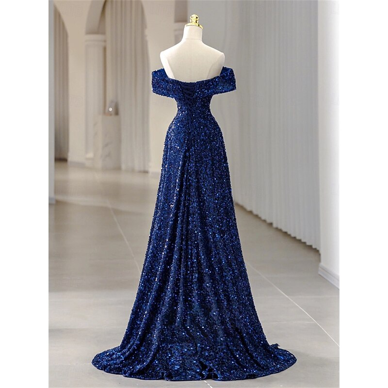 Sequin Mermaid / Trumpet Evening Gown Elegant Dress Formal Wedding Floor Length Sleeveless Off Shoulder Lace Up with Pleats3