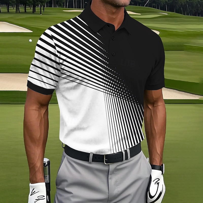 Men's Golf Line Polo Sports Polo Shirts Short Sleeve Polo Shirts Collared Shirts Casual Athleisure Buttons Summer White Blue Purple