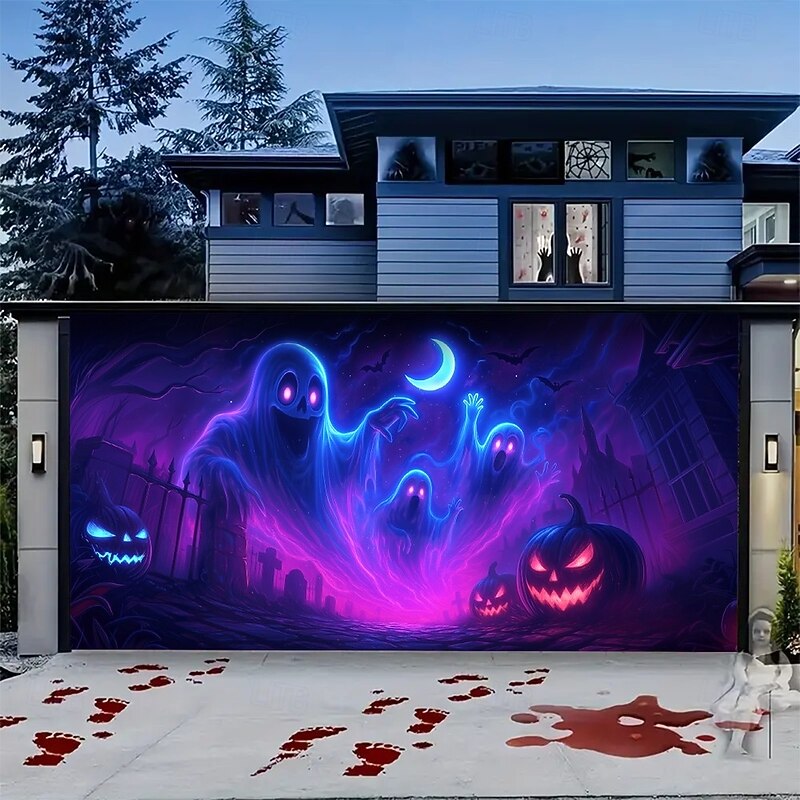 Halloween Garage Door Cover Neon Ghosts and Pumpkins Banner, Glowing Blacklight Backdrop Decoration for Holiday Outdoor Garage Door and Home Wall, 2025 Halloween Decorations4