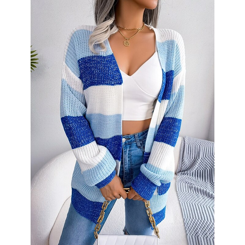 Women's Sweater Cardigan Elegant Fashion Streetwear Striped Pure Color Open Front Knitted Long Sleeve Regular Tops Knit Outdoor Daily Weekend Black Wine Fall Winter3