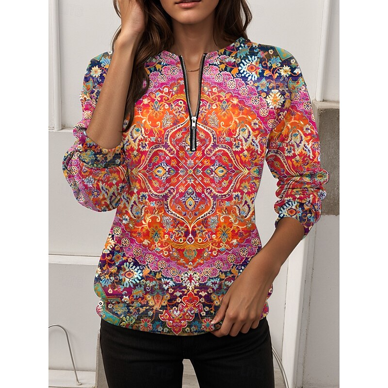Women's Pullover Sweatshirt Zip Up Sweatshirts Graphic Geometric Casual Long Sleeve Crew Neck Regular Tops Street Dailywear Zipper Print Yellow Red Blue Orange Fall Winter
