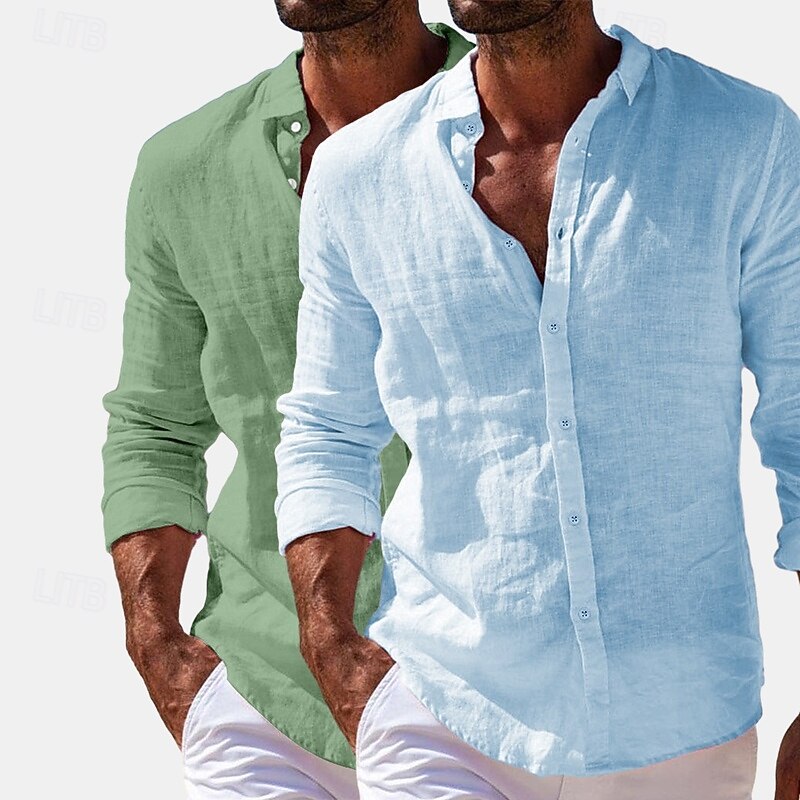 Men's Shirt Linen Shirt Summer Shirt Beach Wear Button Up Shirt Plain Vacation Casual White+Pink Navy Blue+Grey Green+Khaki Blue+Navy Blue Long Sleeve Turndown Summer Spring Clothing Apparel Plain2