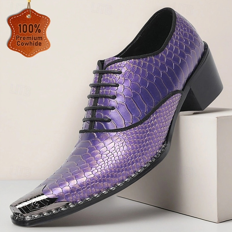 Men's Purple Snake-Patterned Dress Shoes - Stylish Premium Cowhide Oxford Shoes for Evening Events and Fashion Lovers