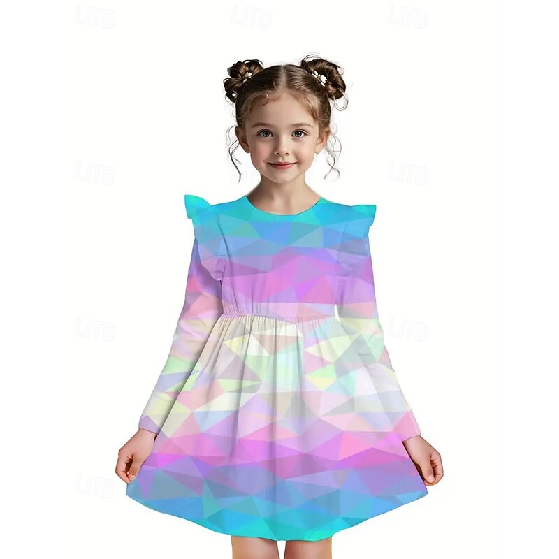Girls' 3D Geometric Dress Ruffle Dress Long Sleeve Summer Spring Vacation Daily Holiday Princess Beautiful Sweet Kids 4-12 Years Casual Dress A Line Dress Knee-length Regular Fit