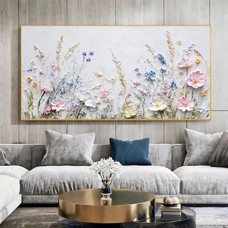 Handmade Oil Painting Hand Painted Horizontal Abstract 3D Color Palette Knife Floral / Botanical Modern Rolled Canvas (No Frame)4