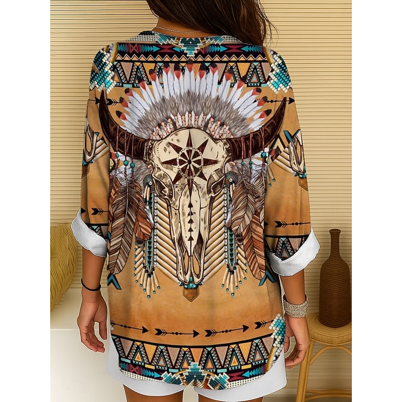 Women's Blouse Tunic V Neck Long Sleeve Boho Casual Tops Graphic Geometric Skull Bohemia Vintage Tropical Regular Tops Daily Wear Print Yellow Red Blue Purple Green2