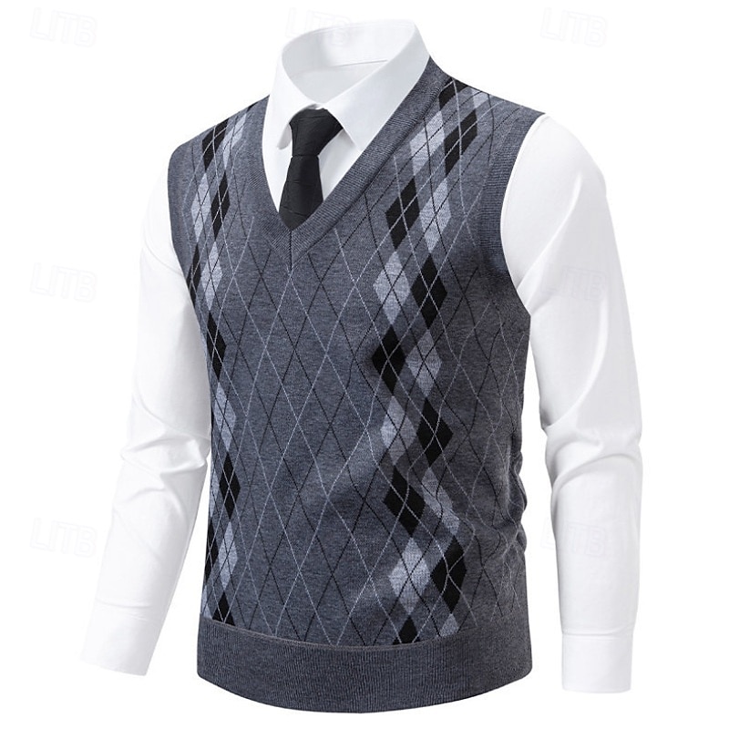 Men's Sweater Sweater Vest Pullover Sweater Jumper Ribbed Knit Regular Tops Knitted Slim Fit Argyle V Neck Knitwear Contemporary Formal Casual Clothing Apparel Fall Blue Light Grey L XL 2XL