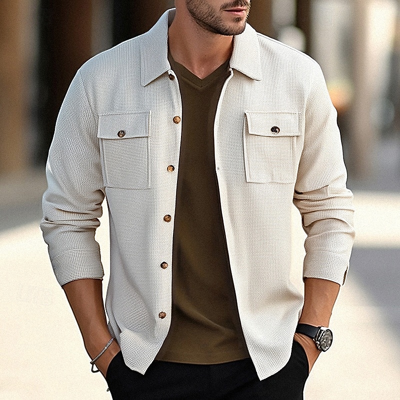 Men's Lightweight Jacket Waffle Jacket Shirt Jacket Casual Jacket Vacation Daily Breathable Pocket Spring Fall Plain Fashion Classic Lapel Regular Black White Wine Dark Green Khaki Jacket