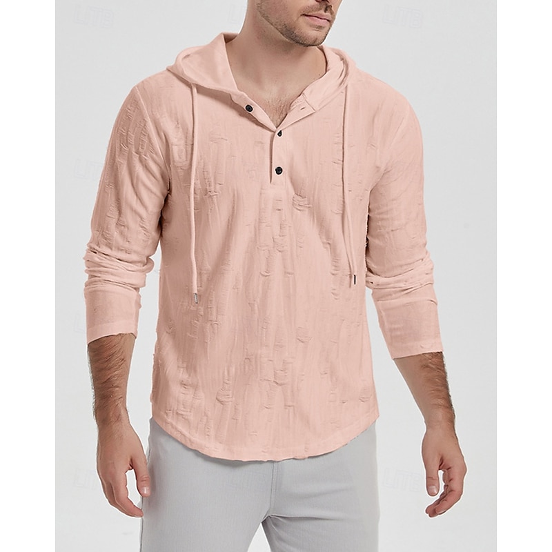 Men's Shirt Popover Shirt Summer Shirt Casual Shirt Beach Shirt Black White Yellow Pink khaki Long Sleeve Plain Hooded Vacation Hawaiian Drawstring Clothing Apparel Polyester Fashion Casual