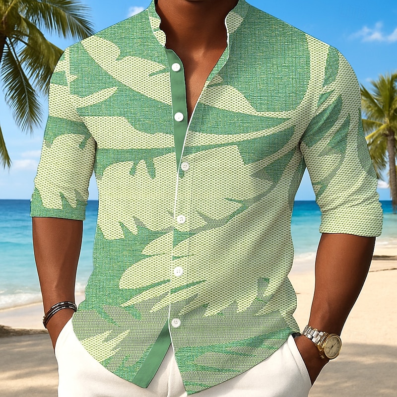 Men's Plants Palm Leaf Shirt Button Up Shirt Stand Collar Shirt Long Sleeve Casual Outdoor Vacation Daily Spring Fall Mandarin Collar Band Collar 3D Print Linen Like Shirt Pink Blue Green