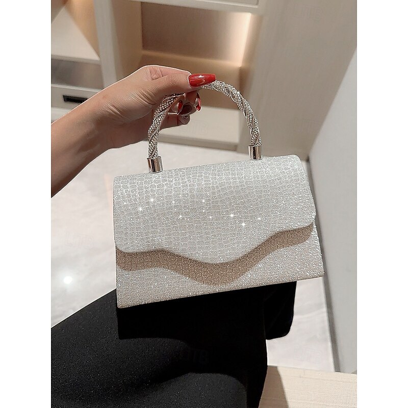 Women's Silver Glitter Handbag with Rhinestone Handle – Elegant Evening Shoulder Bag for Parties, Weddings and Cocktail Events3