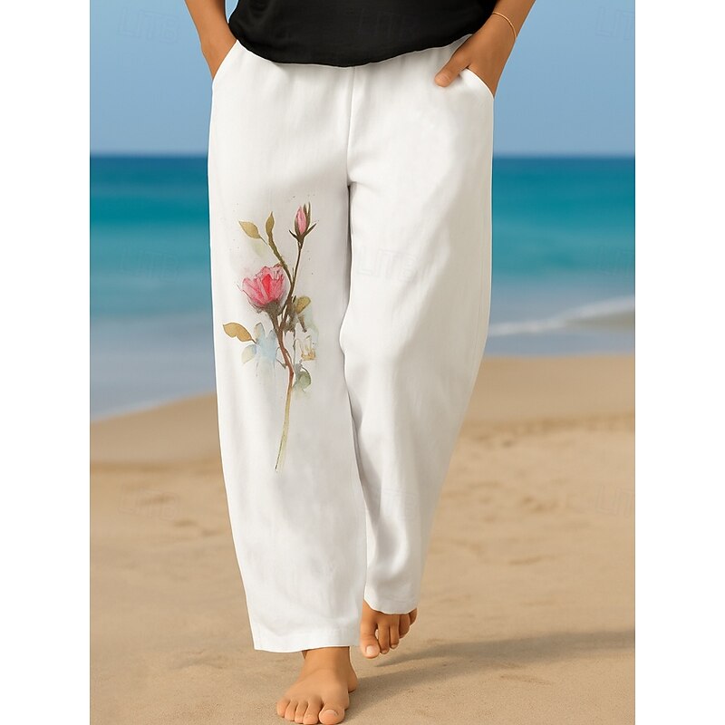 Women's Culottes Wide Leg Vacation Vintage Ethnic Style Full Length High Waist Floral Graphic Quick Dry Breathability Soft Inelastic Formal Outdoor Vacation Black White Pink Summer Spring2