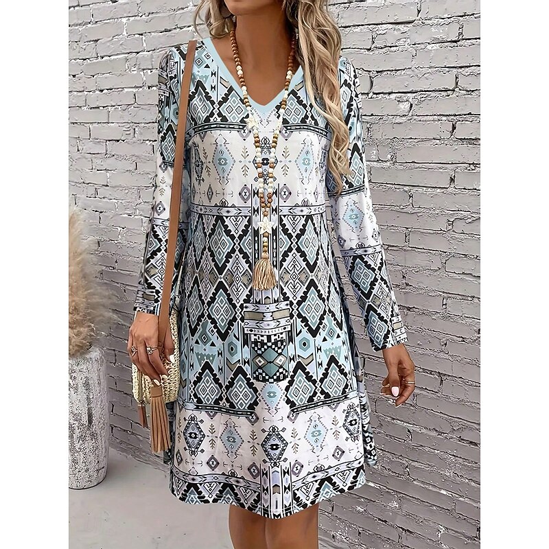 Women's Mini Dress Casual Dress Sundress A Line Dress Stylish Casual Regular Fit Graphic Geometric Long Sleeve V Neck Ice Blue Yellow Wine Dusty Blue Spring Fall4