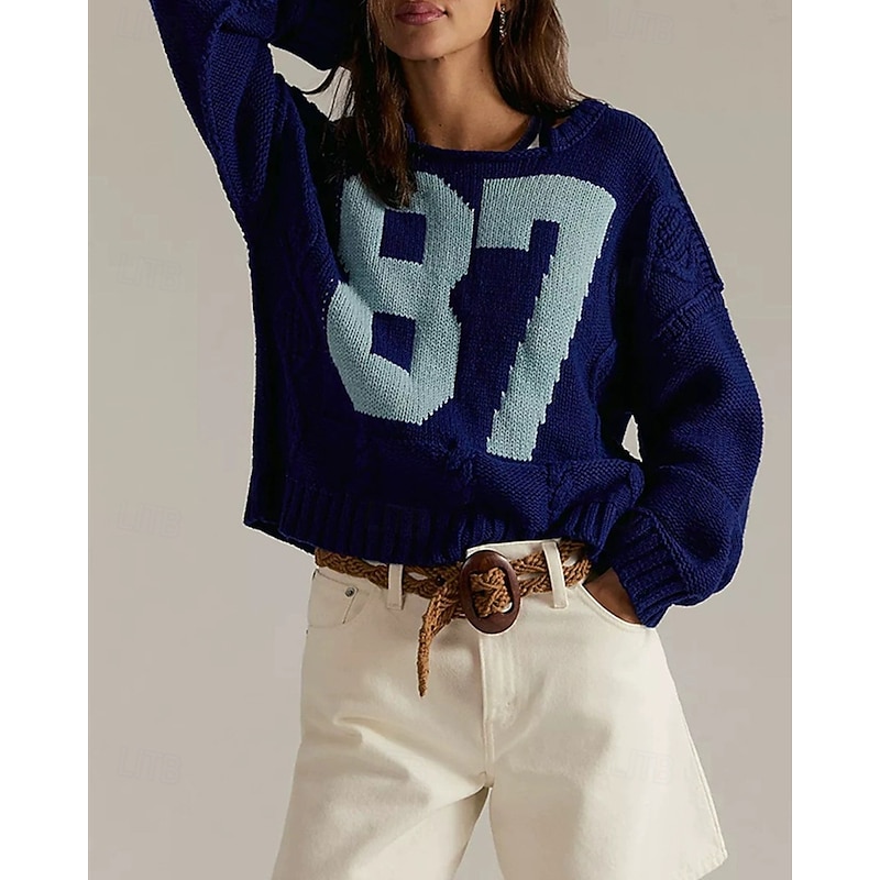 Women's Sweater Pullover Daily Stylish Casual Print Ribbed Crew Neck Knitted Long Sleeve Regular Tops Knit Daily Holiday Going out Khaki Dark Blue Fall Winter4