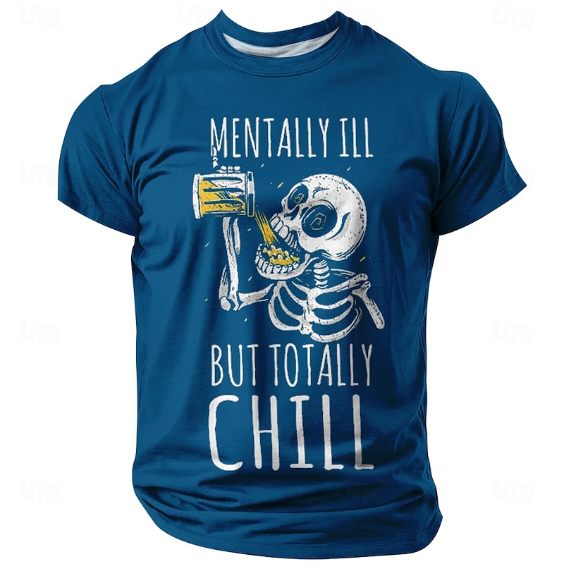 Men's Funny 'Mentally Ill But Totally Chill' Skeleton Drinking Short Sleeve Graphic T-Shirt, Red4