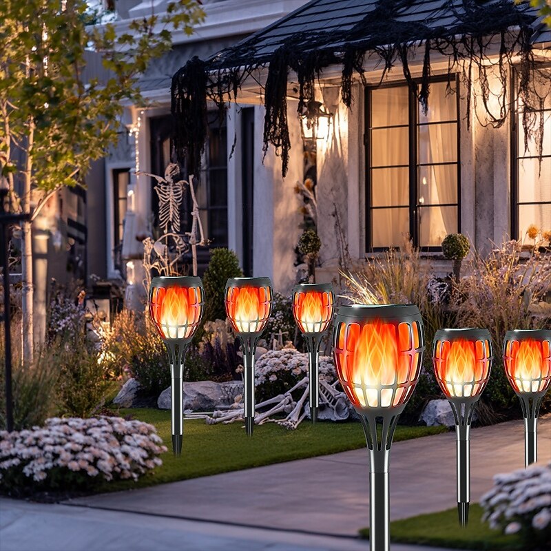 6 Pcs Halloween Christmas Outdoor Solar Waterproof Flashing Flame Stripe Plug in Light 12 LED Beads Courtyard Garden Terrace Lawn Path Camping Party Atmosphere Decoration Light Landscape Light