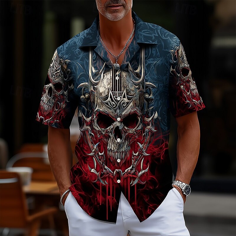 Men's Guitar Death Halloween Costumes Shirt Cuban Collar Shirt Button Up Shirt Short Sleeve Dark Punk Gothic Style Vacation Holiday Streetwear Summer Camp Collar Shirt 3D Print Blue Dark Blue2