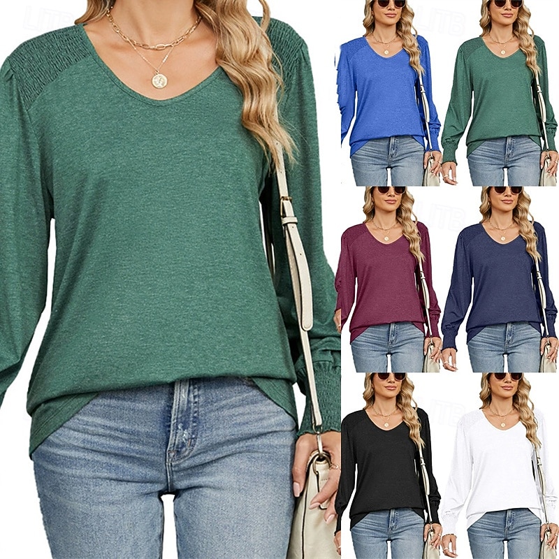 Women's Texture Blouse T Shirt Plain Fashion Modern Long Sleeve Crew Neck Regular Tops Daily Black White Green Summer