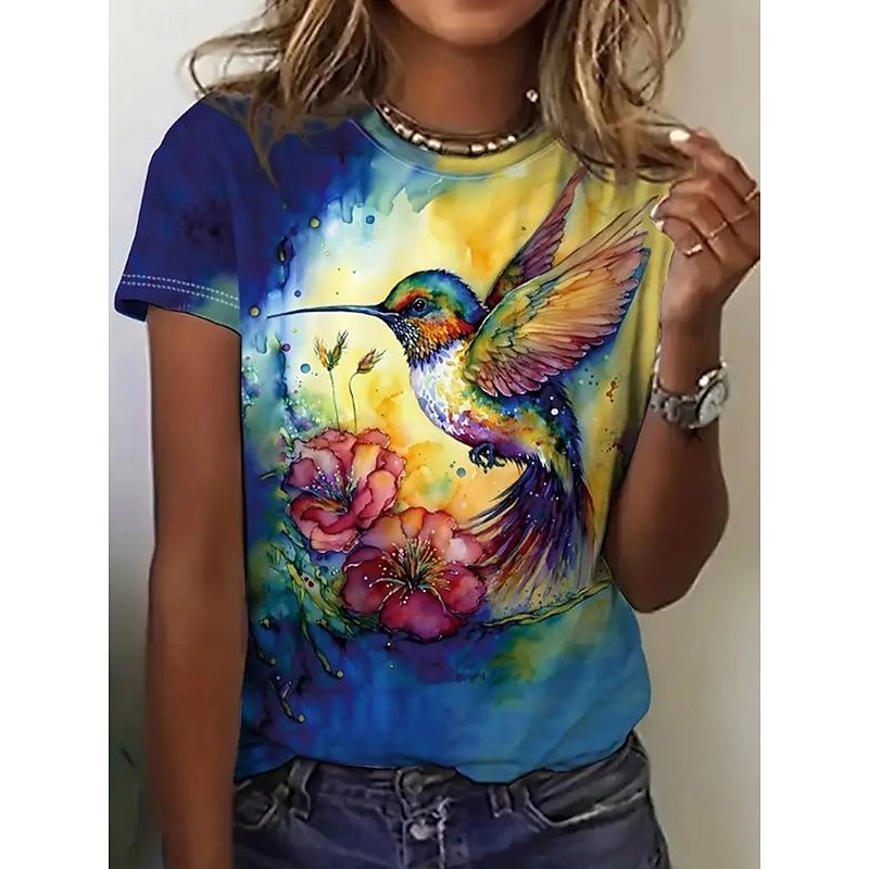 Women's T Shirt Graphic Bird Vintage Fashion Stylish Short Sleeve Crew Neck Regular Tops Daily Print Yellow Royal Blue Blue Summer Spring3
