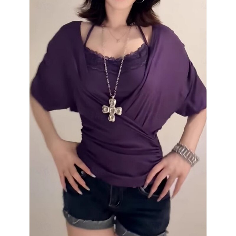 Women's Lace Shirt Solid Color Stylish Modern Short Sleeve Halter Neck Regular Tops Daily Holiday Lace Patchwork Black Navy Blue Purple Summer3