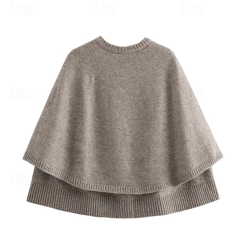 Women's Cape Fashion Casual Soft Pure Color Ribbed Crew Neck Buttons Knitted Long Sleeve Regular Tops Knit Outdoor Daily Weekend Black White Fall Winter2