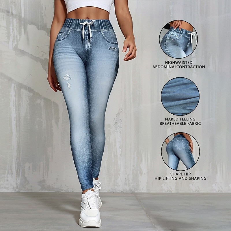 Women's Denim Print Fake Jeans Yoga Leggings Drawstring Tummy Control High Waist Gym Dance Athletic Bottoms Royal Blue Blue Fall Sports Activewear Tight Fit2