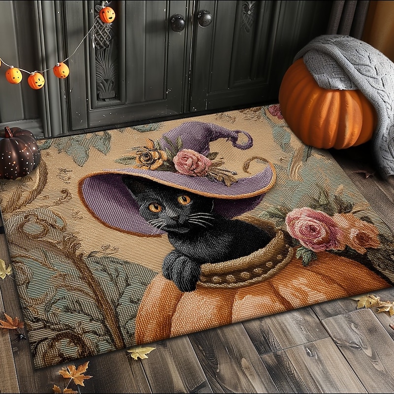 Halloween Indoor Outdoor Doormat Kitchen Mat Pumpkin Face with Ornamental Frame Design, Non-Slip Front Door Mat for Porch, Entryway, Patio, Bedroom, Bathroom and 2025 Halloween Home Decoration4