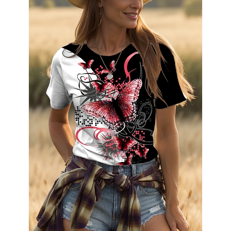 Women's T Shirt Graphic Animal Geometric Vintage Fashion Stylish Short Sleeve Crew Neck Round Neck Regular Tops Daily Weekend Print Black+White+Gray Yellow Red Blue Purple Summer Spring4