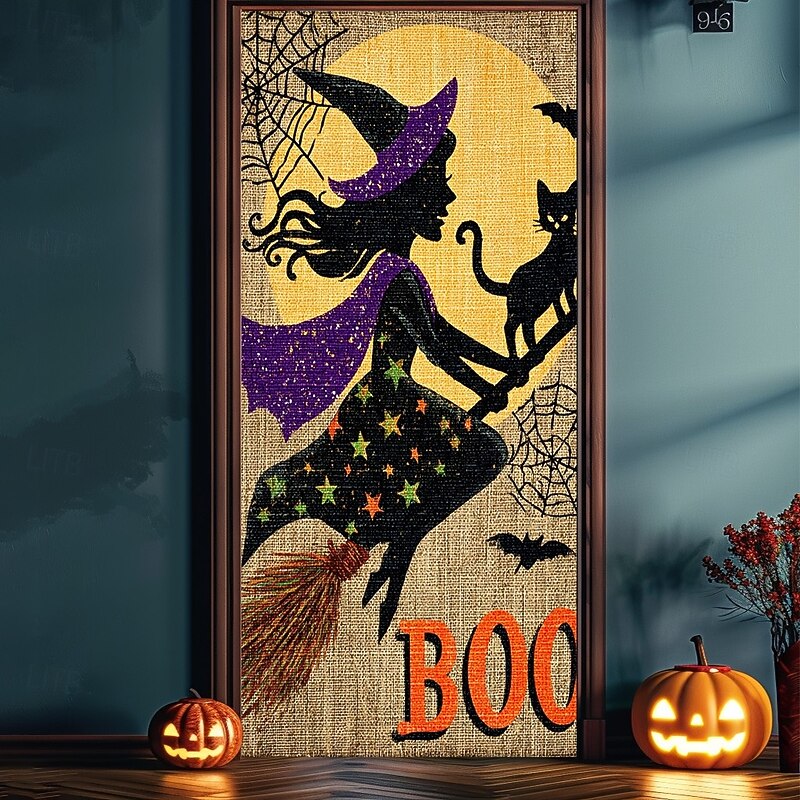 Halloween Door Cover – Flying Witch Silhouette with BOO Sign, Haunted House Entrance Banner, Scary Outdoor & Indoor Decoration for 2025 Halloween Bedroom, Living Room, Bathroom2
