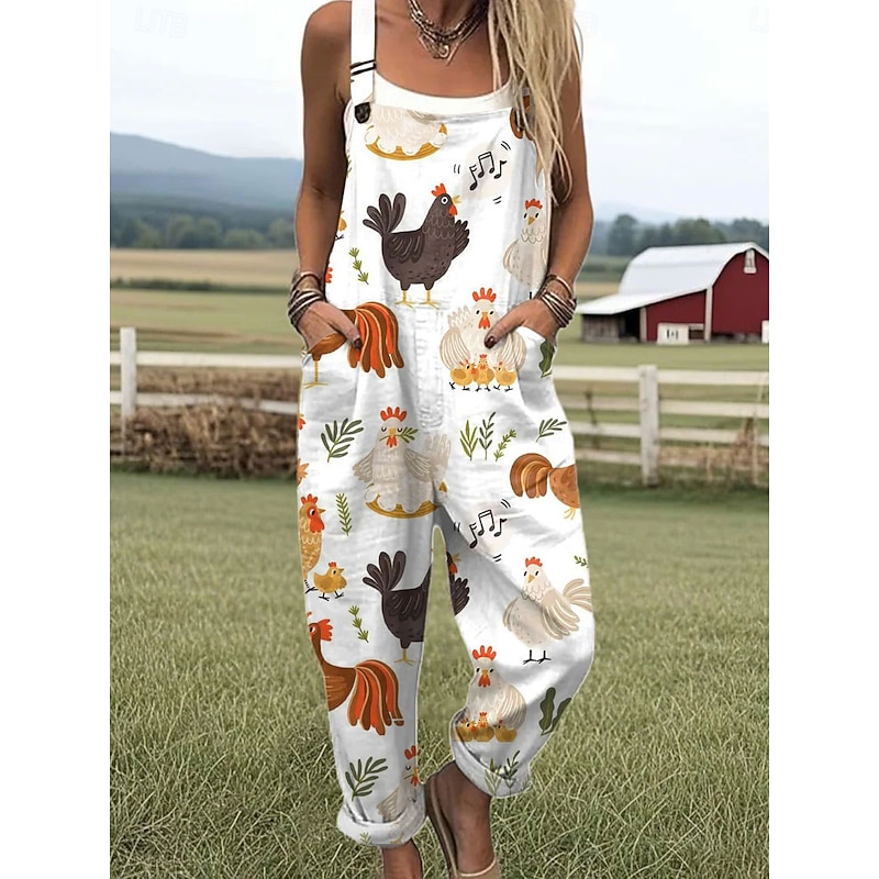 Women's Overall Active Graphic Sleeveless Drawstring Vacation Daily Loose Fit White Blue Beige Summer