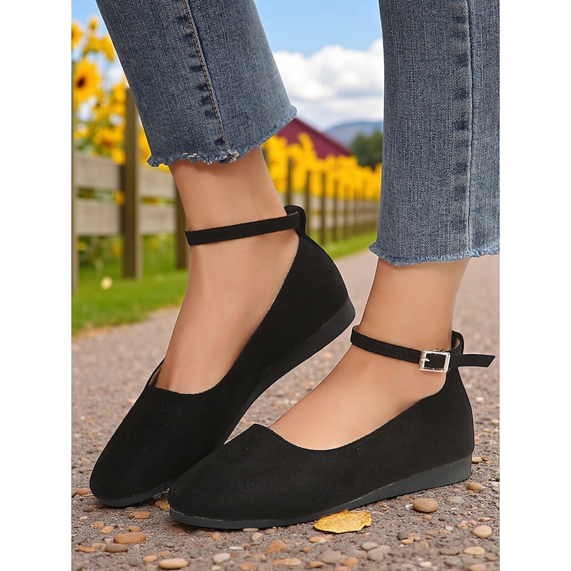Women's Black Ankle Strap Faux Suede Flats – Elegant Casual Ballet Shoes for Office, Daily Walks & Fall Outfits