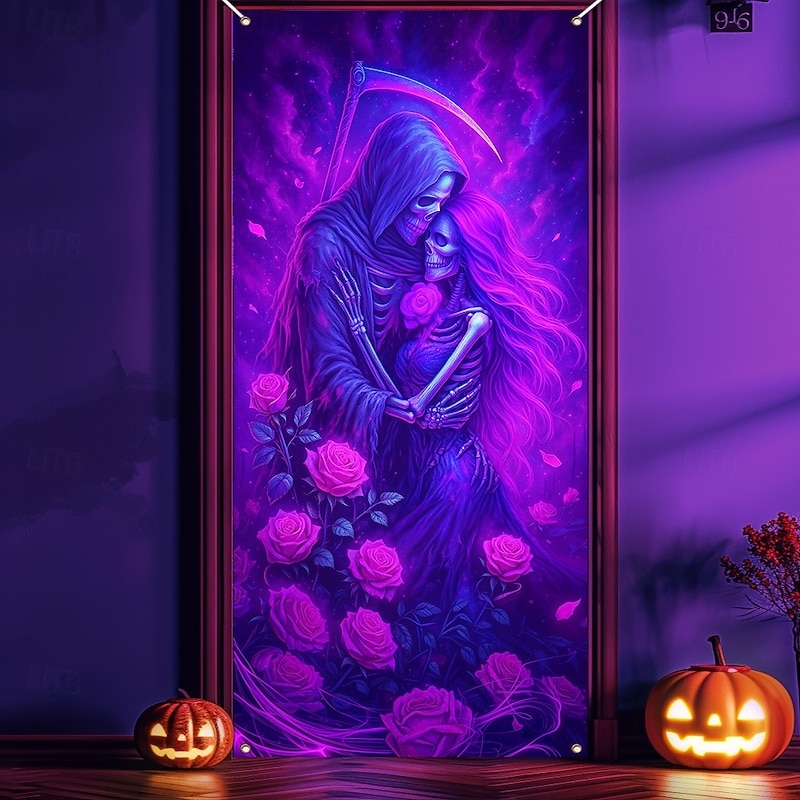 Halloween Door Cover Neon Skull Pile Banner, Glowing Blacklight Entrance Decoration for Outdoor & Indoor 2025 Halloween Bedroom, Living Room, Bathroom