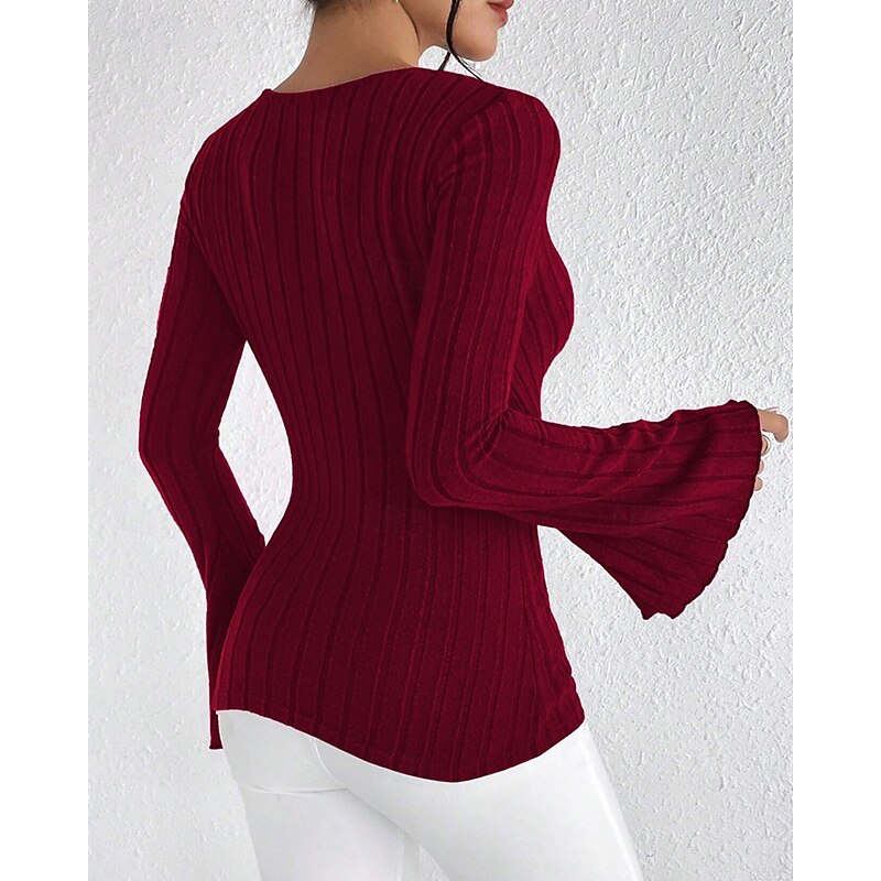 Women's Texture Blouse T Shirt Plain Fashion Modern Long Sleeve V Neck Regular Tops Daily Tunic Black Wine Summer4