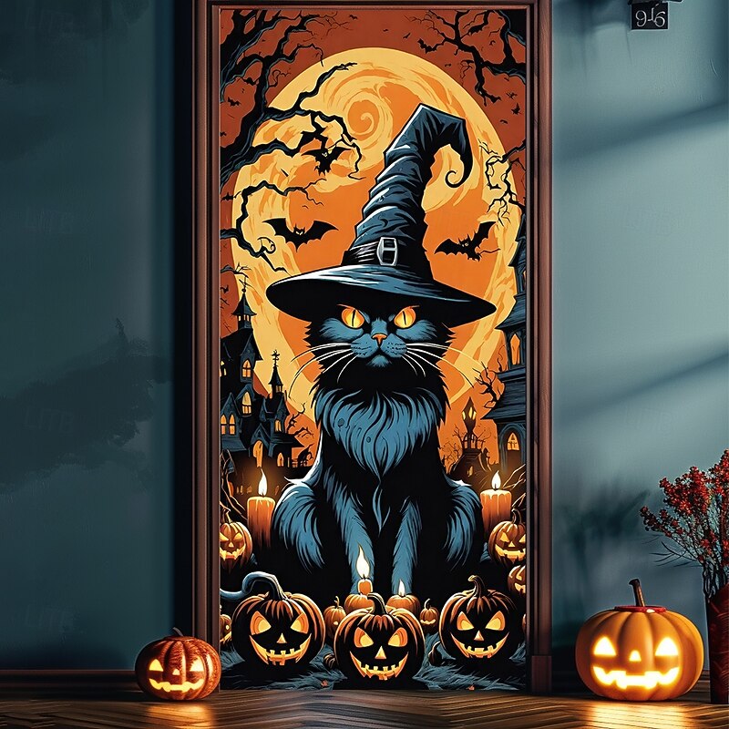Halloween Door Covers Door Black Cat Tapestry Door Curtain Decoration Backdrop Door Banner for Front Door Farmhouse Holiday Party Indoor Outdoor Decor Supplies2