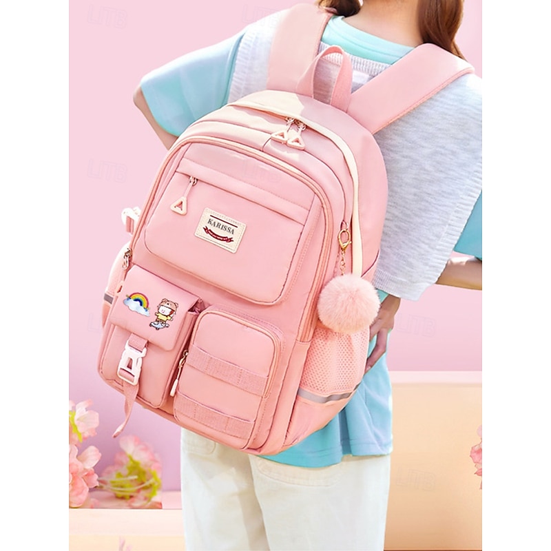 Kid's Boys' Girls' Backpack School Bag Bookbag School Backpack Bookbag School Daily Solid Color Oxford Cloth Nylon Large Capacity Waterproof Lightweight Pendant Zipper Light Pink Black Pink3