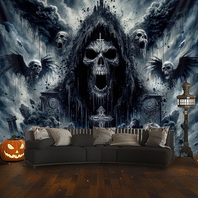 Halloween Hanging Tapestry Death God Photograph Backdrop Jack O Lantern Wall Art Large Tapestry Mural Decor Blanket Curtain Home Bedroom Living Room Decoration Death Selfie4