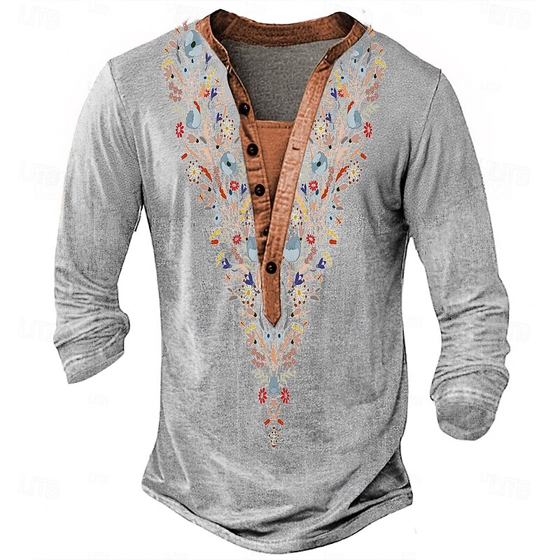 Men's Print T Shirt Henley Shirt Long Sleeve Designer Retro Vintage Bohemian Street Casual Daily Summer Spring Fall Blue Green Khaki Grey Henley Henley T-Shirt2