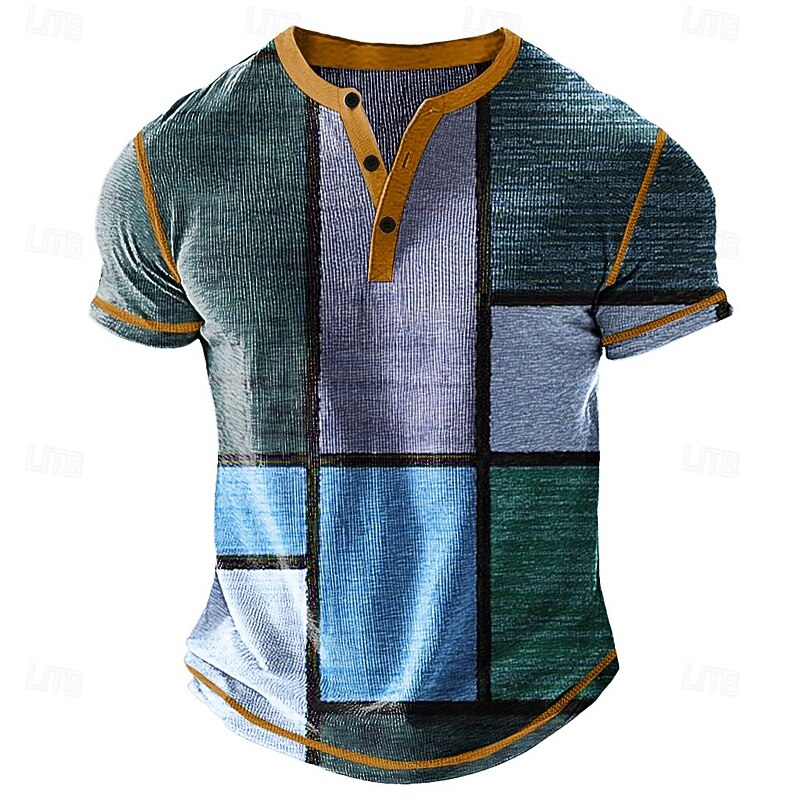 Men's Graphic Plaid Henley Shirt Waffle T Shirt Short Sleeve Daily Retro Vintage Classic Sports Outdoor Casual Holiday Spring & Summer All Seasons Blue Yellow Green Khaki Henley Henley T-Shirt