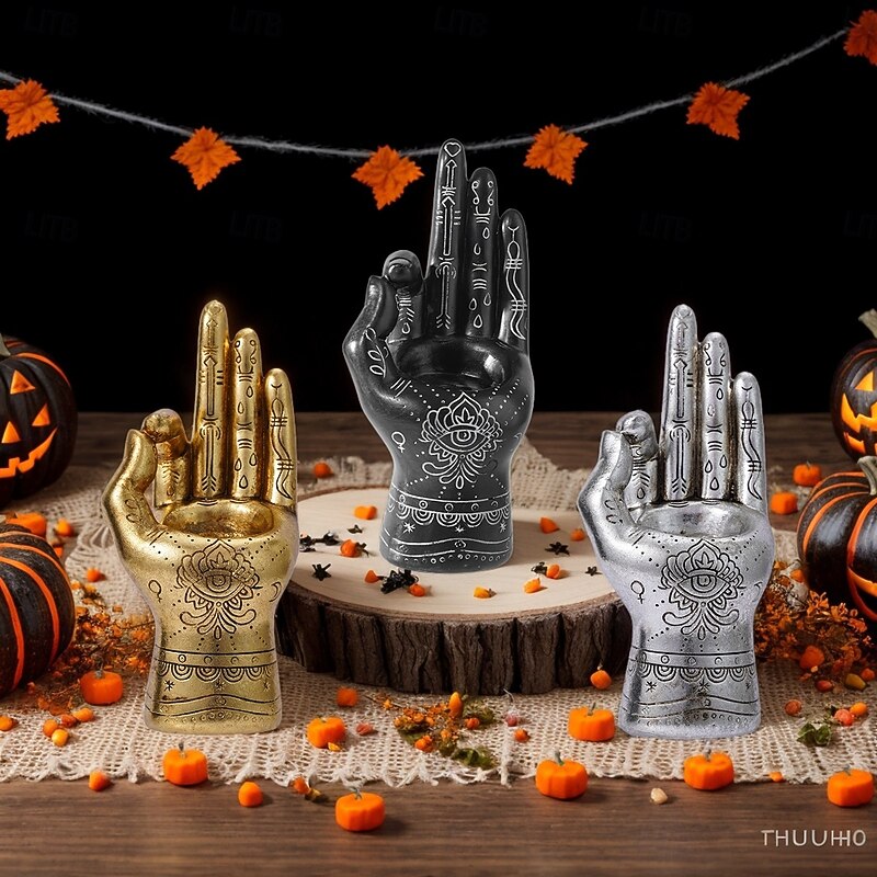Halloween Resin Left Hand with Three Eyes Statue, Spooky Art Decor with Candle Holder, Horror Design Element for Home Decor, Halloween Parties, and Day of the Dead Celebrations3