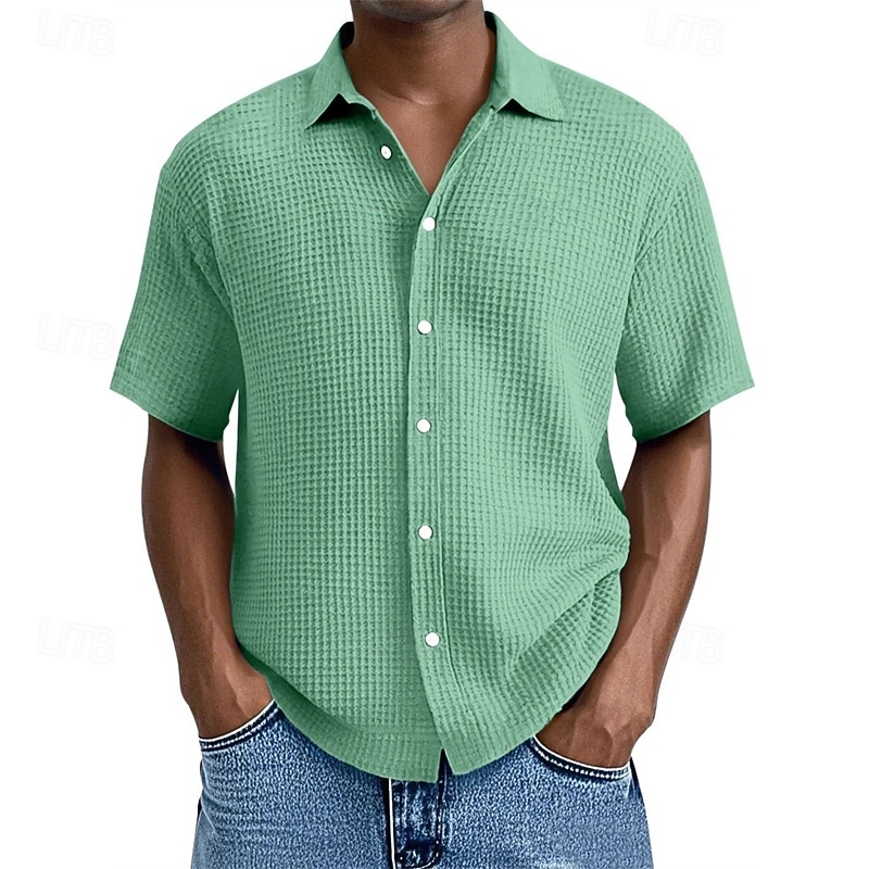Men's Shirt Waffle Shirt Summer Shirt Casual Shirt Beach Shirt Button Up Shirt Black White Light Green Pink Royal Blue Short Sleeve Plain Lapel Vacation Hawaiian Clothing Apparel Polyester Fashion