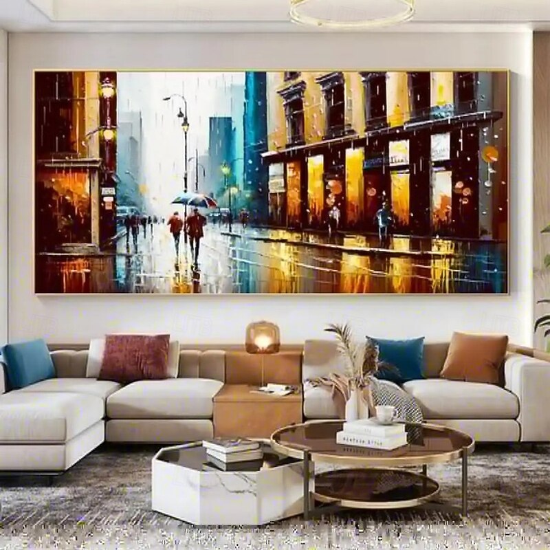 Handmade Oil Painting Canvas Wall Art Decoration Vintage Architectural Street Landscape for Living Room Home Decor Stretched Frame Hanging Painting/Rolled Frameless Unstretched Painting
