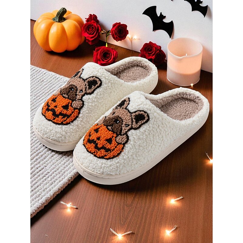 Women's Halloween Fleece Slippers with French Bulldog and Pumpkin Design - Cozy Plush Indoor House Shoes for Ladies and Teens, Ideal for Fall, Holiday Gifts, and Comfortable Lounging3