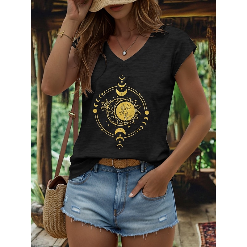 Women's Camisole Tank Top Graphic Geometric Moon Vintage Stylish Casual Sleeveless V Neck Regular Tops Daily Print Black White Red Light Brown Blue Summer - Main Image