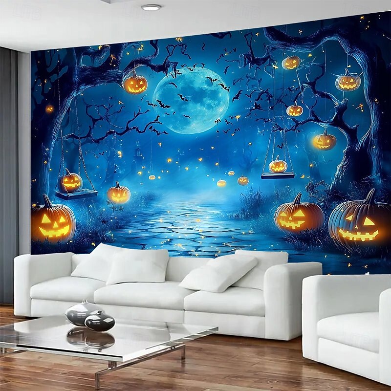 Halloween Pumpkin Lantern Bat Night Landscape Hanging Tapestry Mural Art Large Tapestry Mural Decoration Photos Background Carpet Curtains Home Bedroom Living Room Decoration3