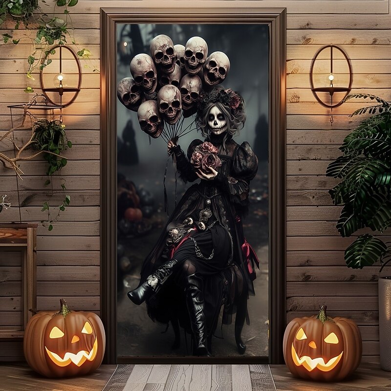 Halloween Door Cover – Skeleton Warrior in Armor, Haunted House Entrance Banner, Scary Outdoor 2025 Halloween Decoration for Bedroom, Living Room, Bathroom2