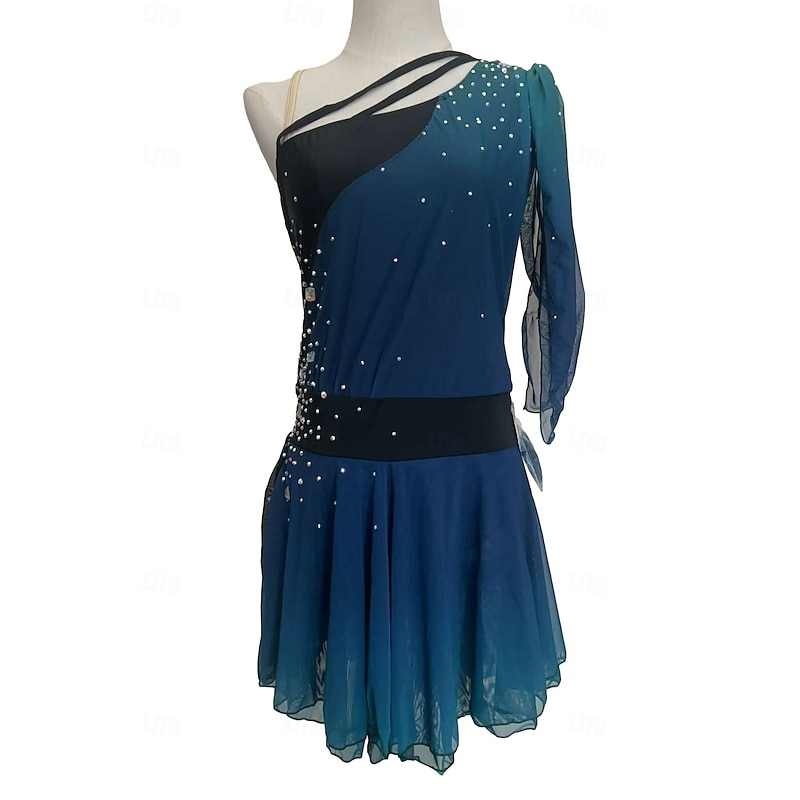 Figure Skating Dress Women's Girls' Ice Skating Dress Outfits Blue Mesh Spandex High Elasticity Competition Skating Wear Crystal / Rhinestone Short Sleeve Ice Skating Figure Skating