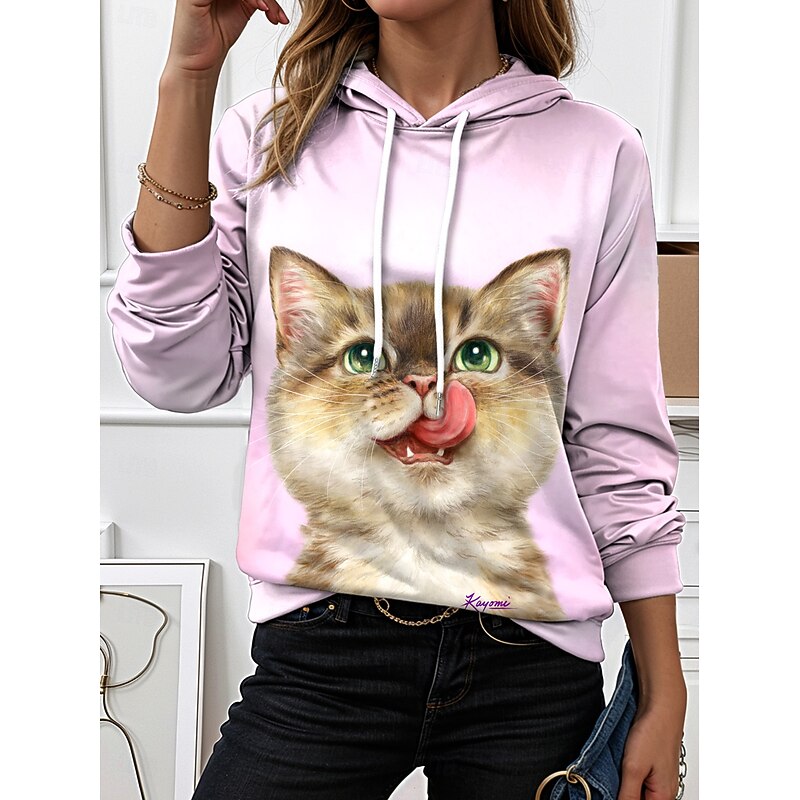 Kayomi Harai Women's Hoodie Pullover Sweatshirt Oversized Long Sleeve Casual Graphic Animal Cat Vintage Fashion Western Hooded Street Dailywear Holiday Print Light Pink Yellow Light Green Fall Winter3
