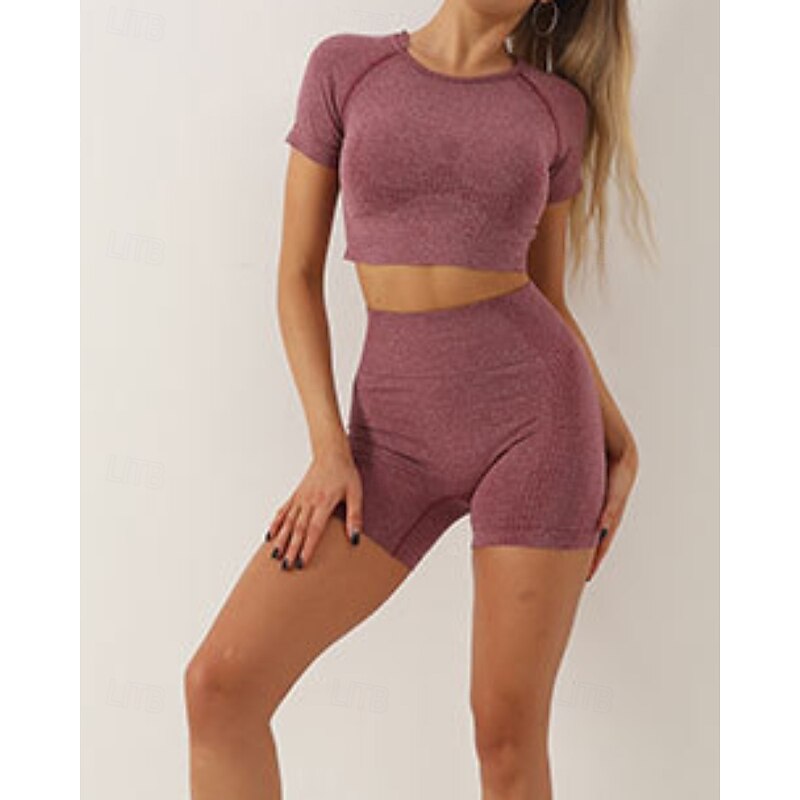 Women's 2 Pieces Workout Sets Shorts and Crop Top Solid Color Clothing Suit Dark Grey Lake Blue Gym Workout High Waist Stretchy Breathable Short Sleeve Sport Activewear Slim2